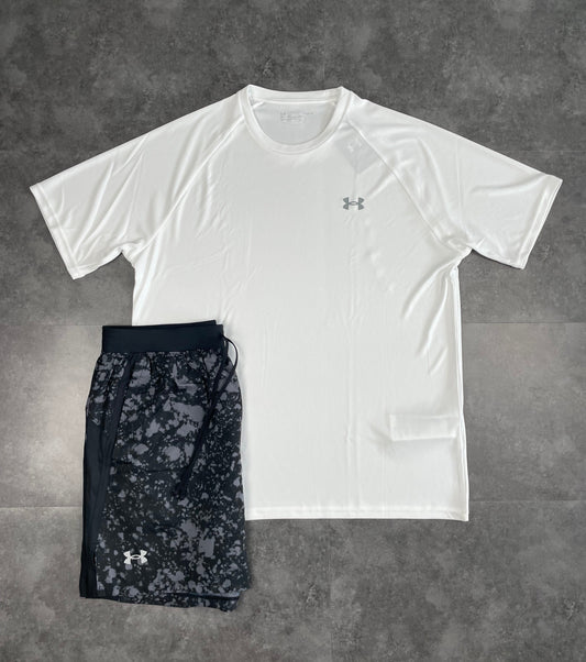 UNDER ARMOUR TECH TEE & LAUNCH SHORTS - WHITE/BLACK SPLASH